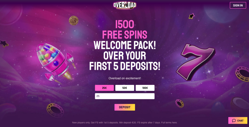 1500 free spins på overload casino